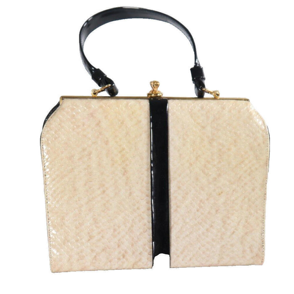 Vintage Women’s Small Cream Black Patent Faux Python Snake Skin Handbag Purse - Picture 3 of 11
